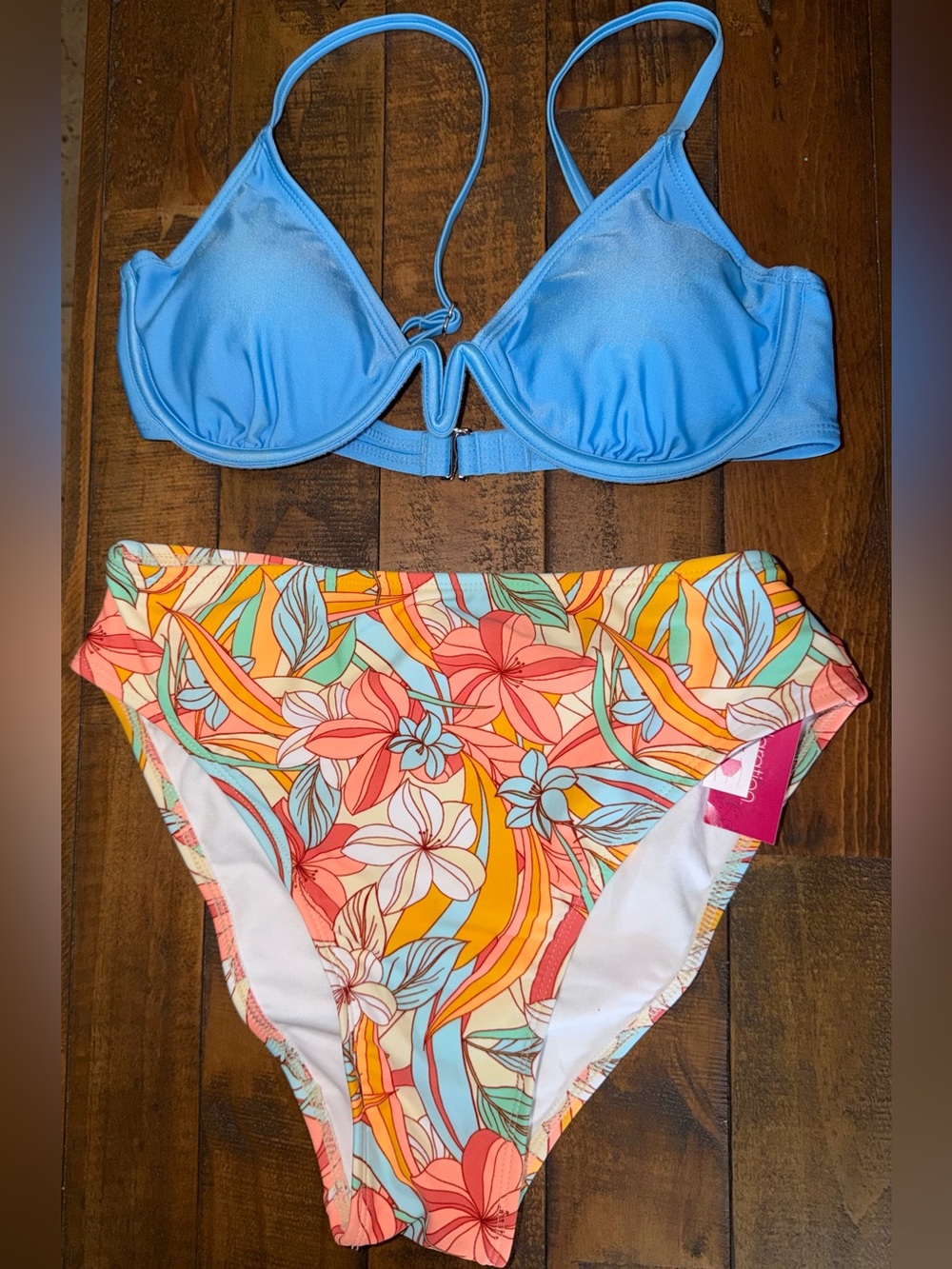Target Blue Bikini Top with Multicolor Floral High-Waist Bottom